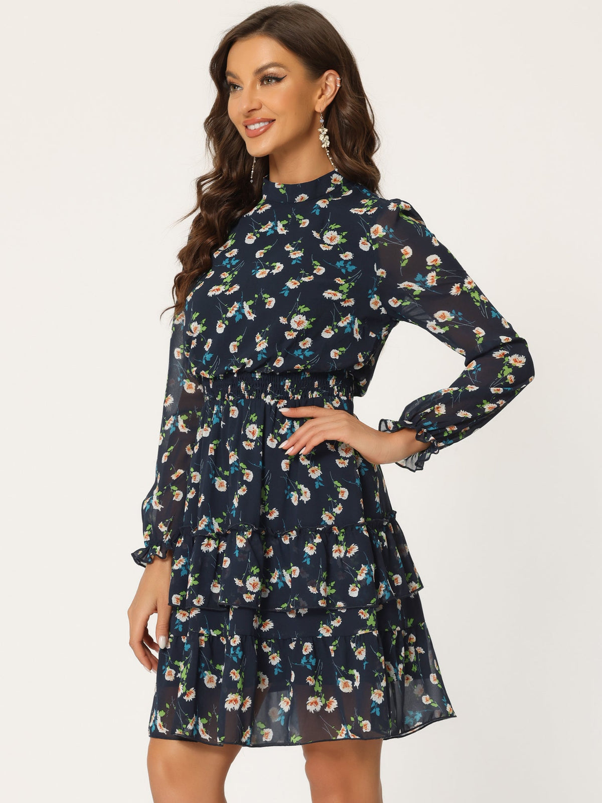 Stand Collar Smocked Chiffon Dress