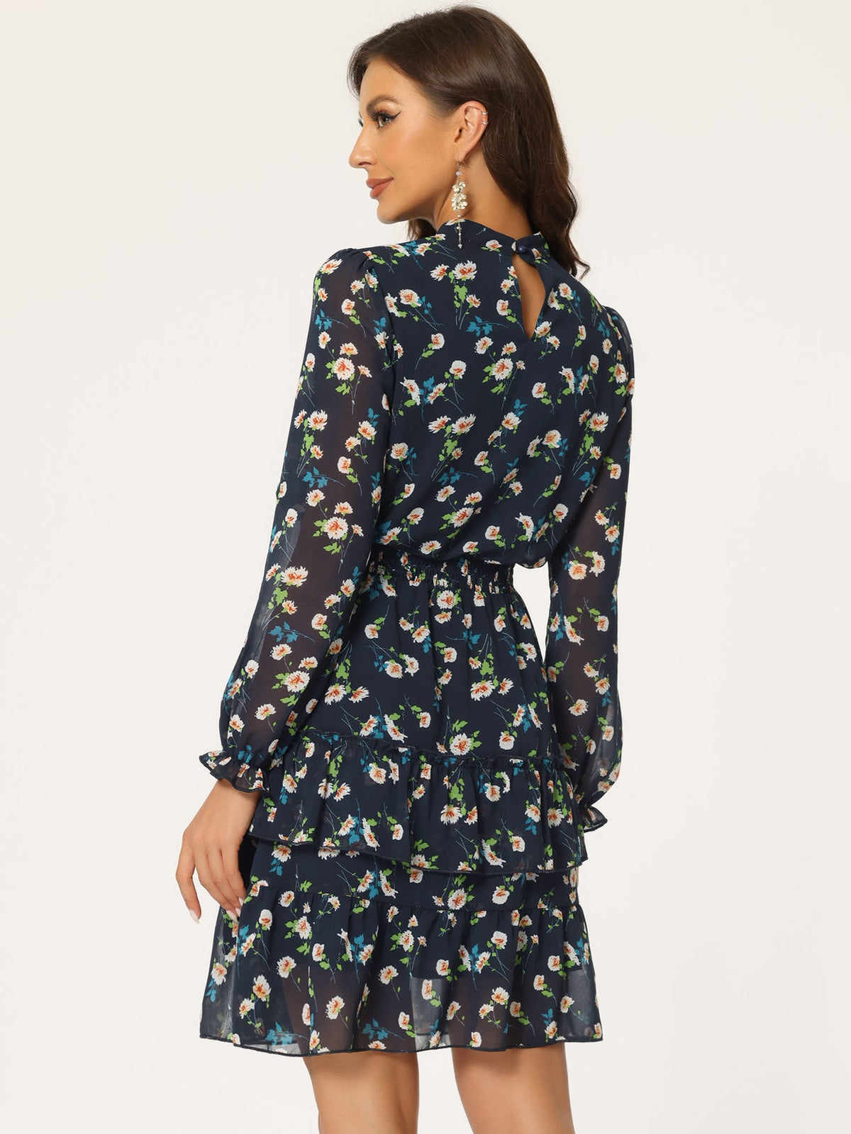 Stand Collar Smocked Chiffon Dress
