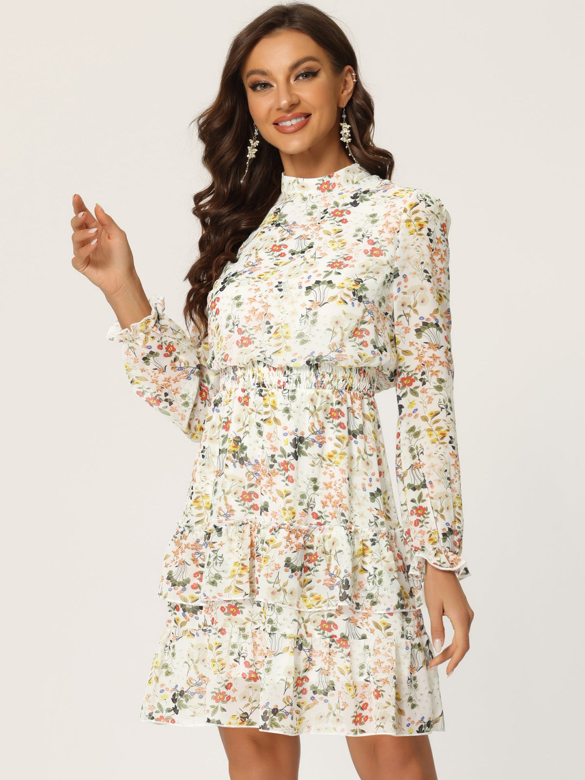 Stand Collar Smocked Chiffon Dress