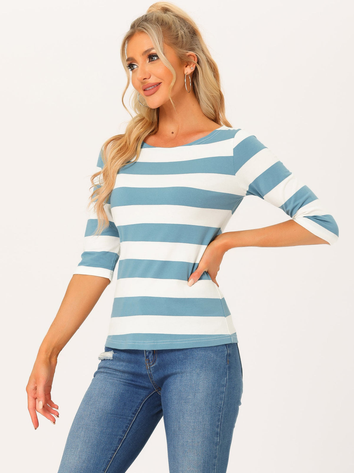 Boat Neck Stripe Slim T-Shirt