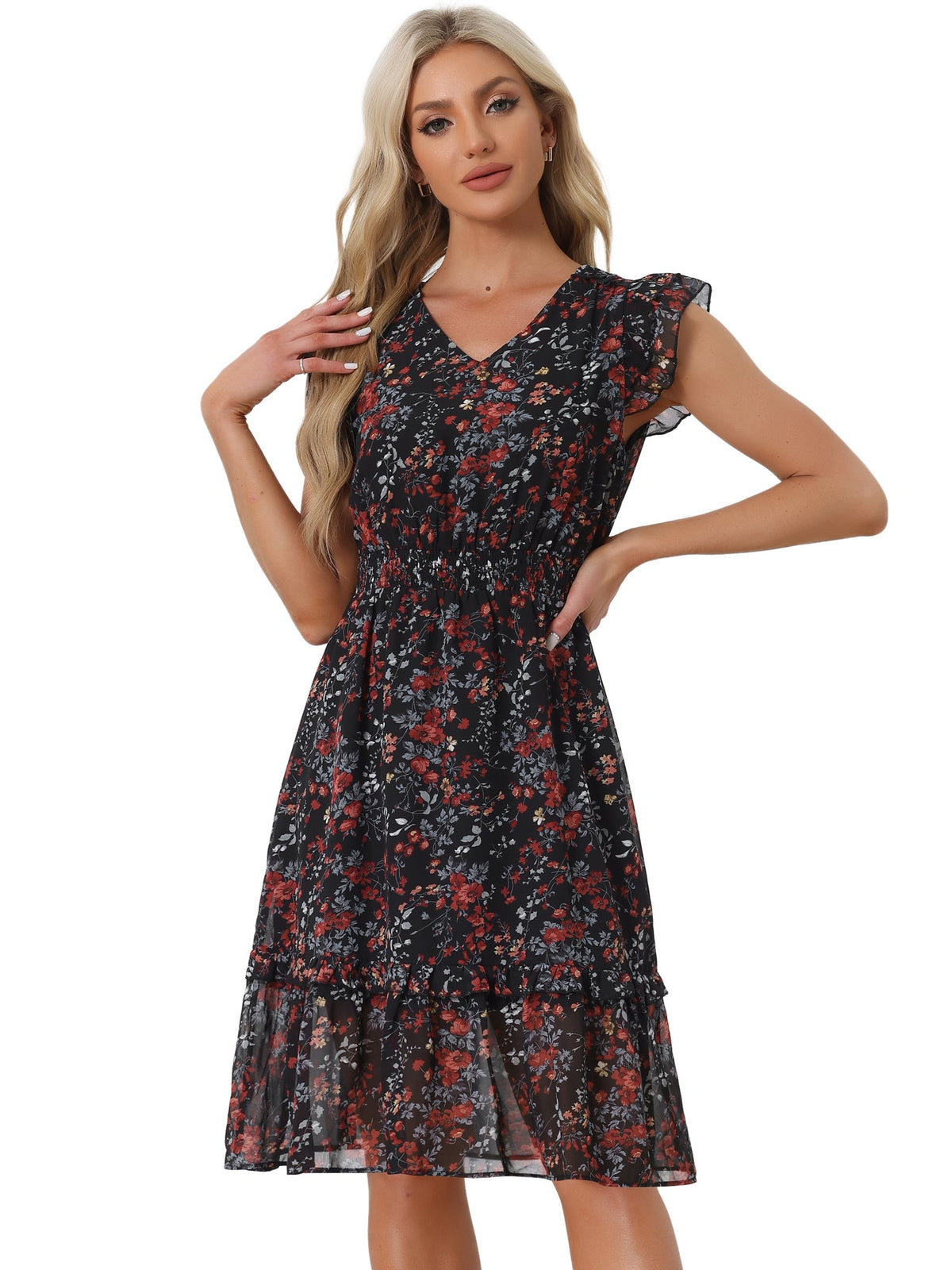 V-Neck Floral Flutter Dress