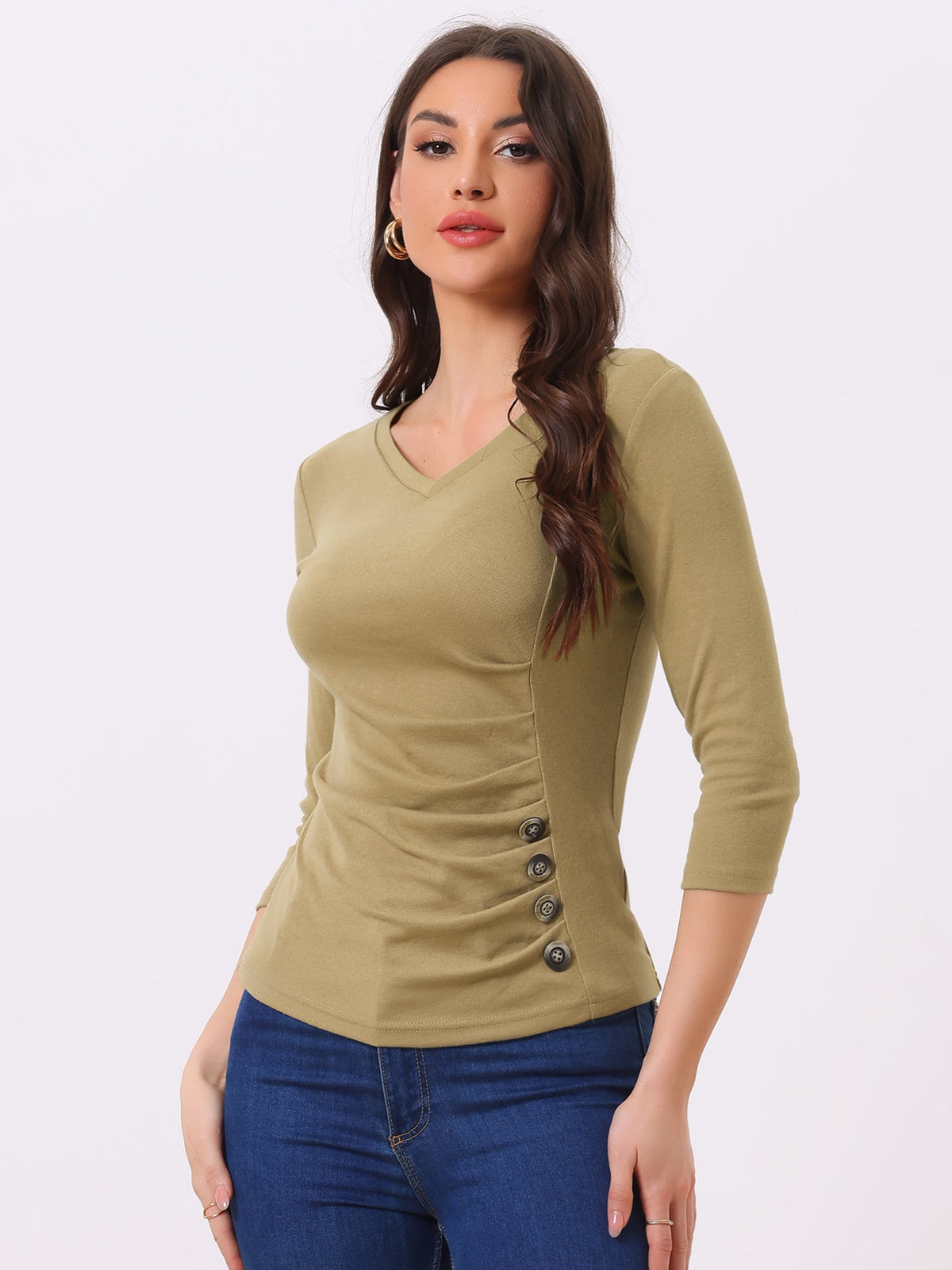 Ruched V-Neck Stretch Blouse
