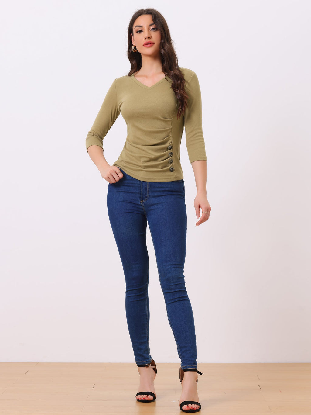Ruched V-Neck Stretch Blouse