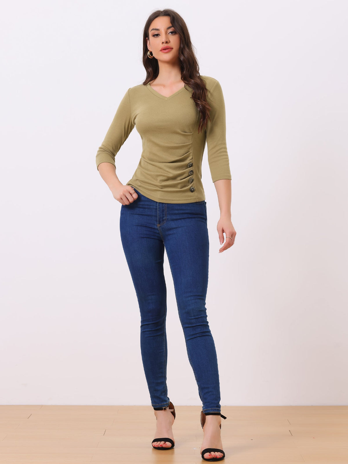Ruched V-Neck Stretch Blouse