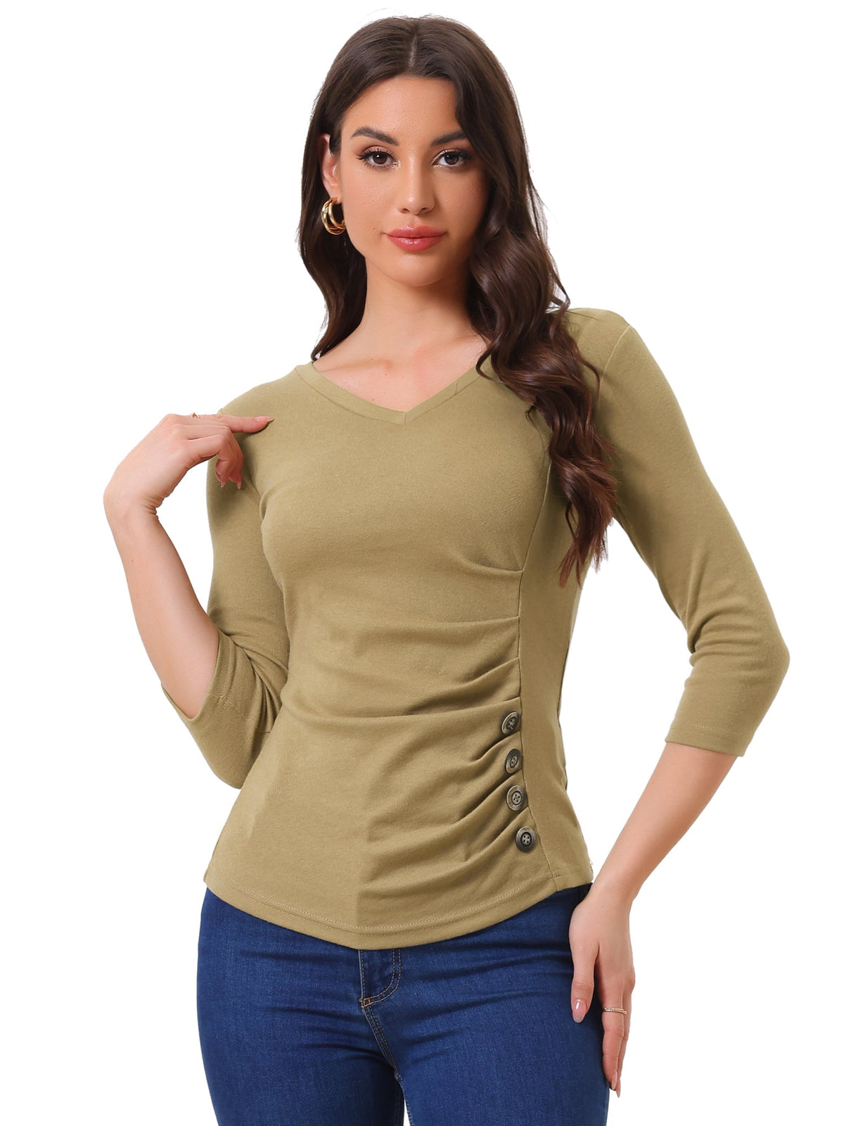 Ruched V-Neck Stretch Blouse