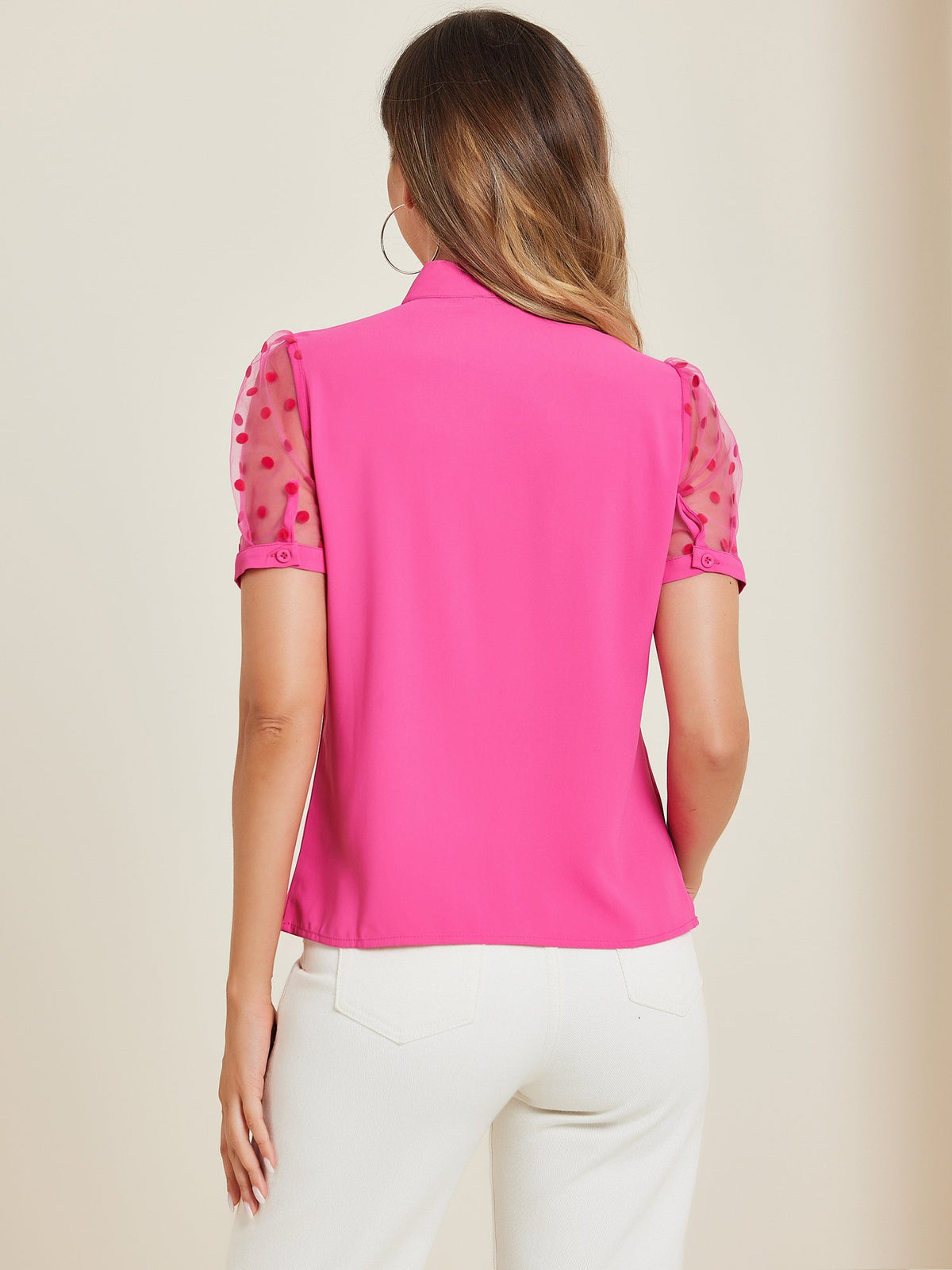 Mesh Sleeve Bow Tie Blouse