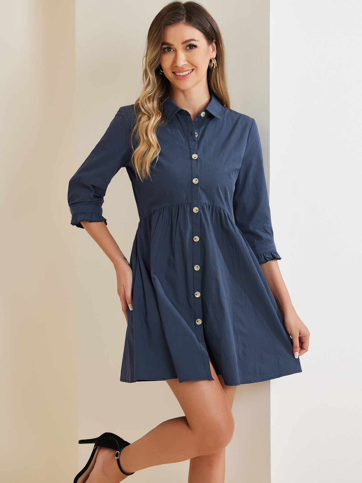 Point-Collar Ruched Dress