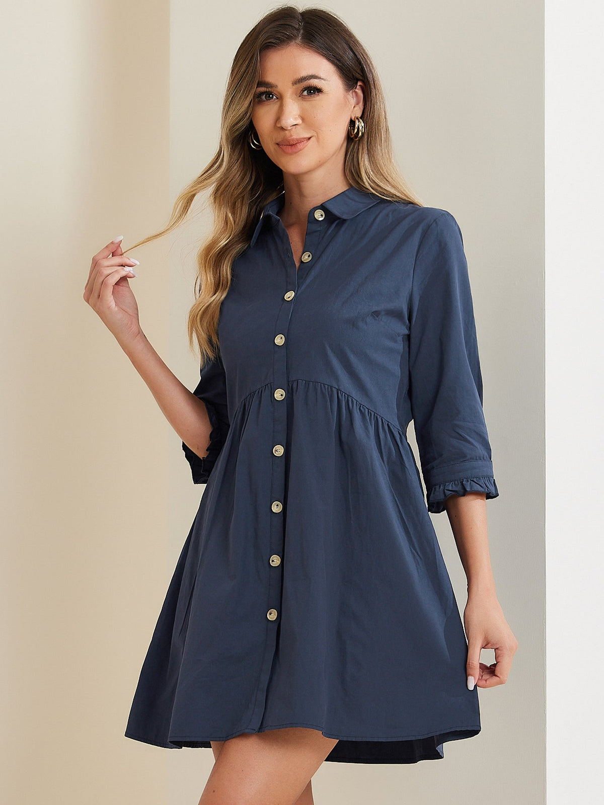 Point-Collar Ruched Dress