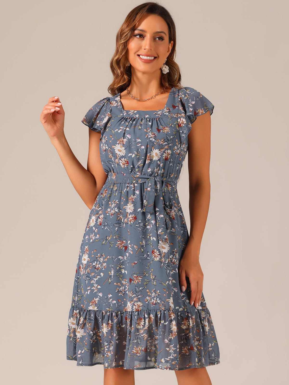 Square Neck Flutter Floral Dress