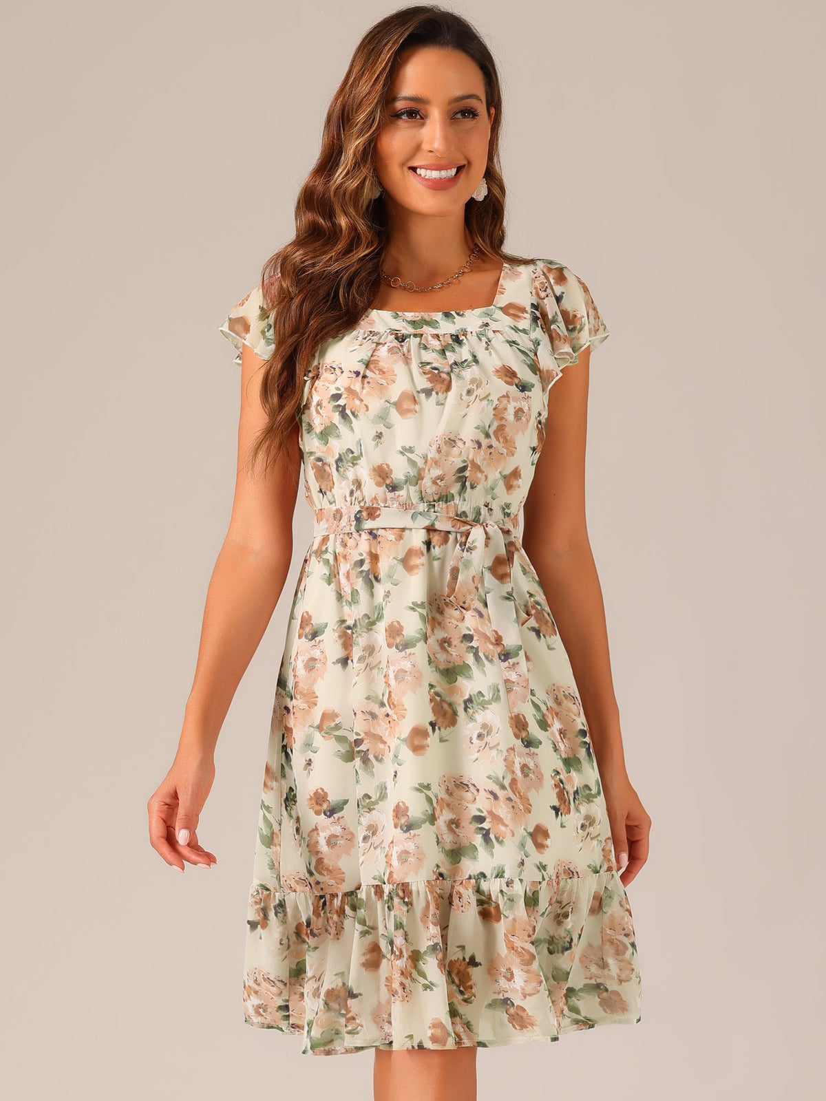 Square Neck Flutter Floral Dress