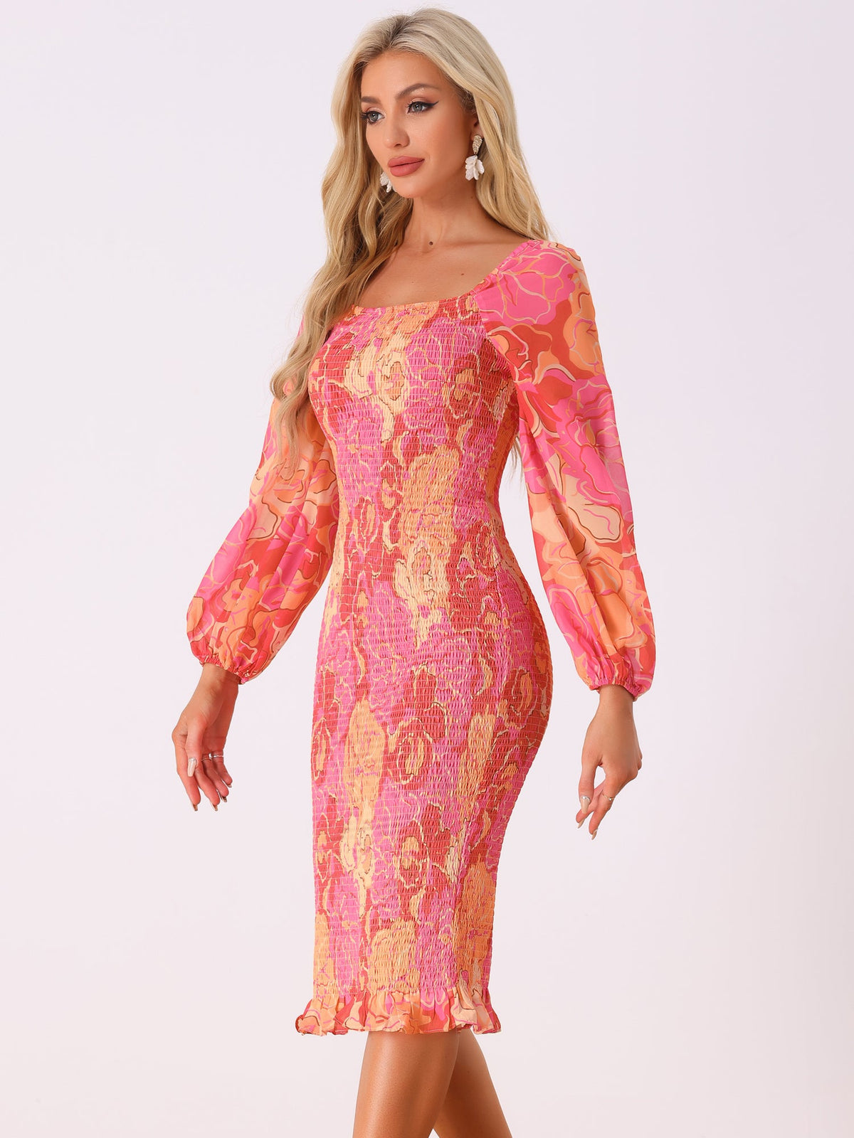 Square Neck Lantern Sleeve Mermaid Dress