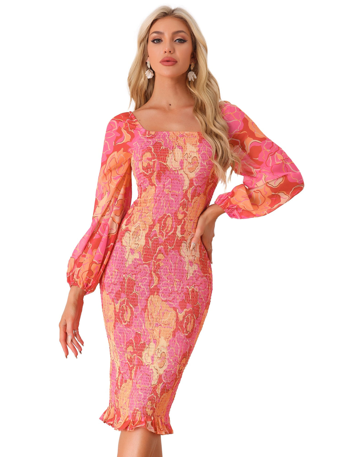 Square Neck Lantern Sleeve Mermaid Dress