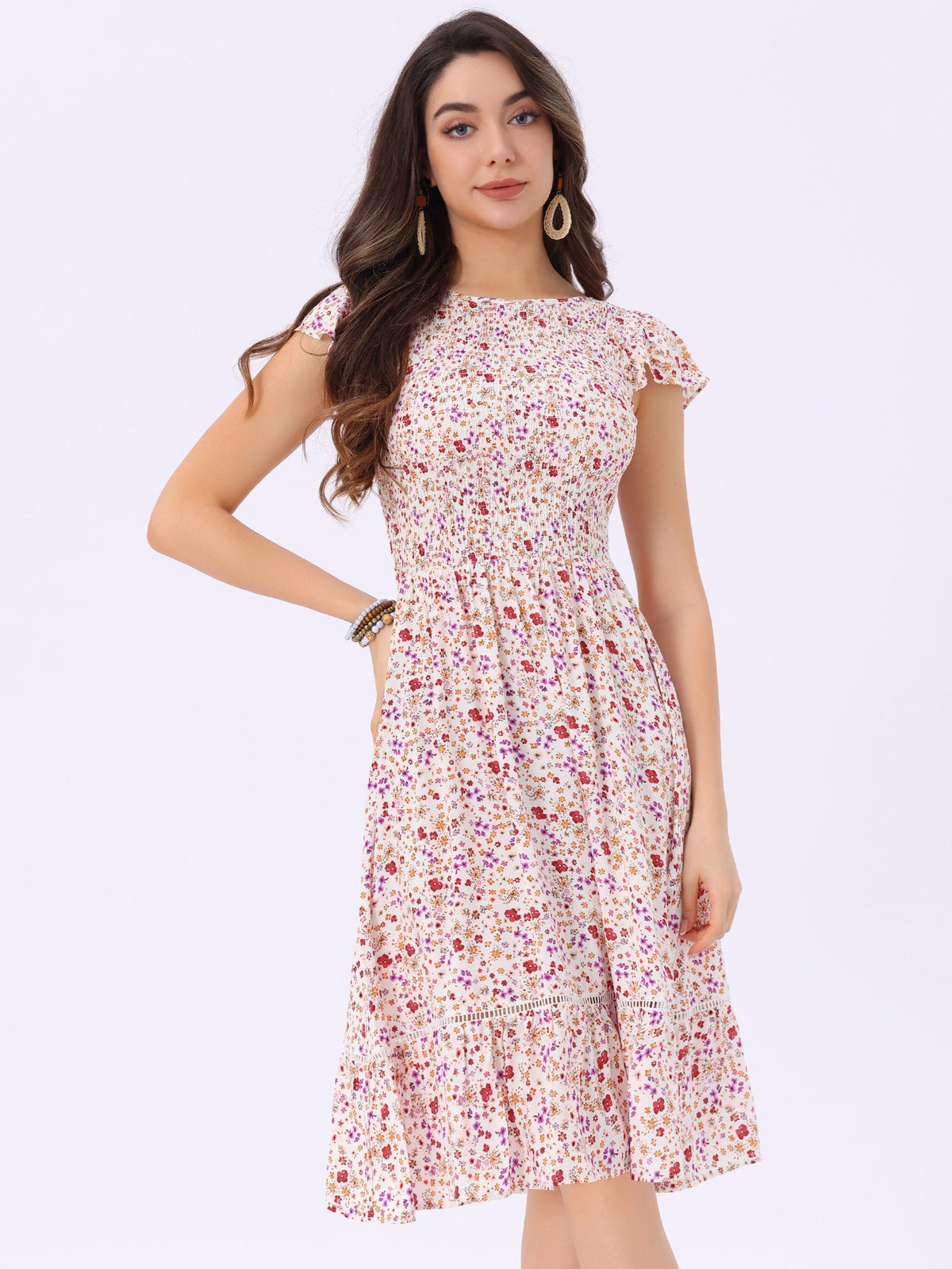 Drape-Smocked Floral Midi Dress