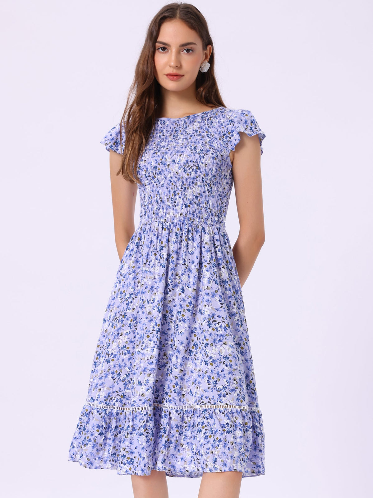 Drape-Smocked Floral Midi Dress