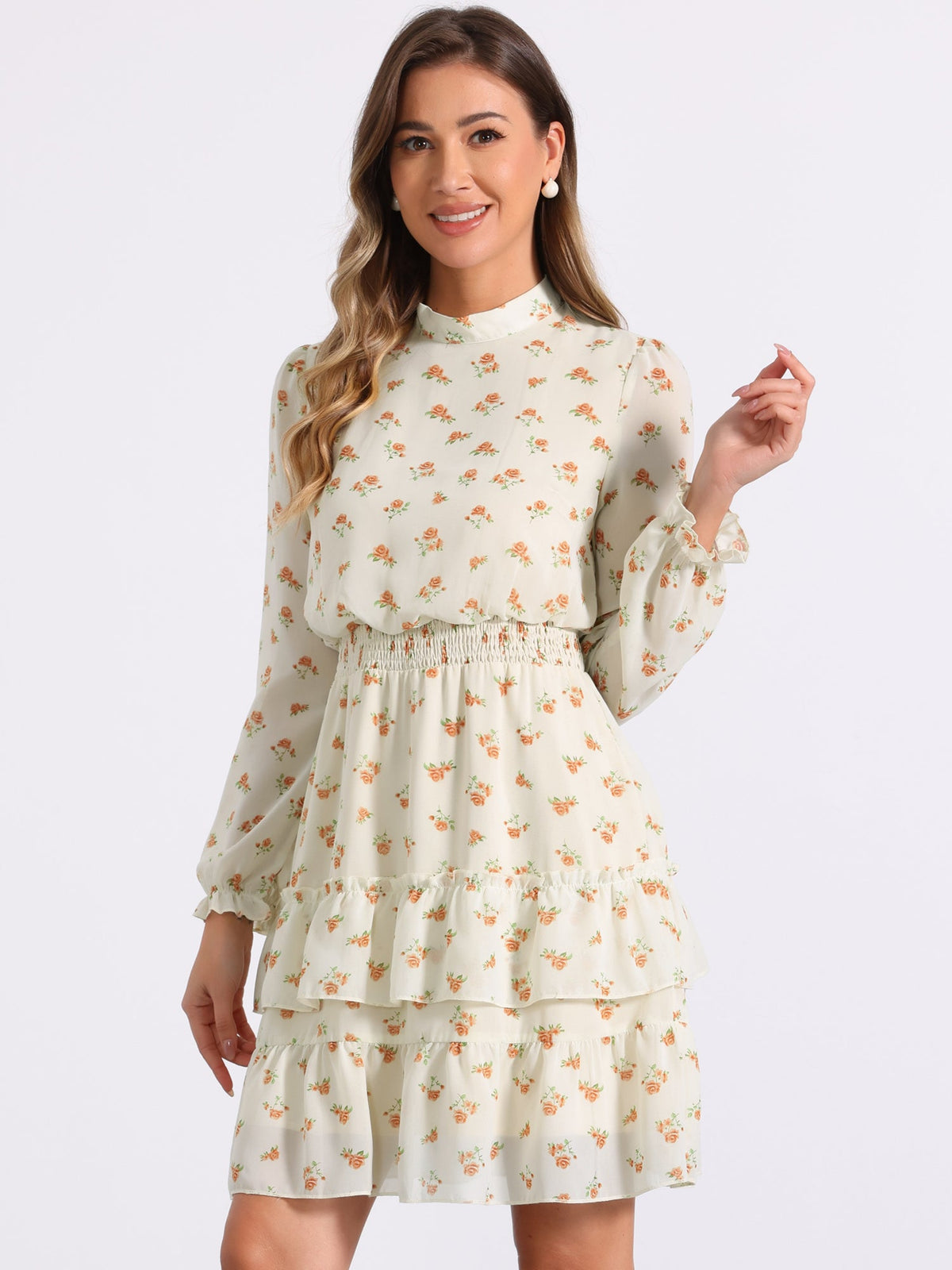 Stand Collar Smocked Chiffon Dress