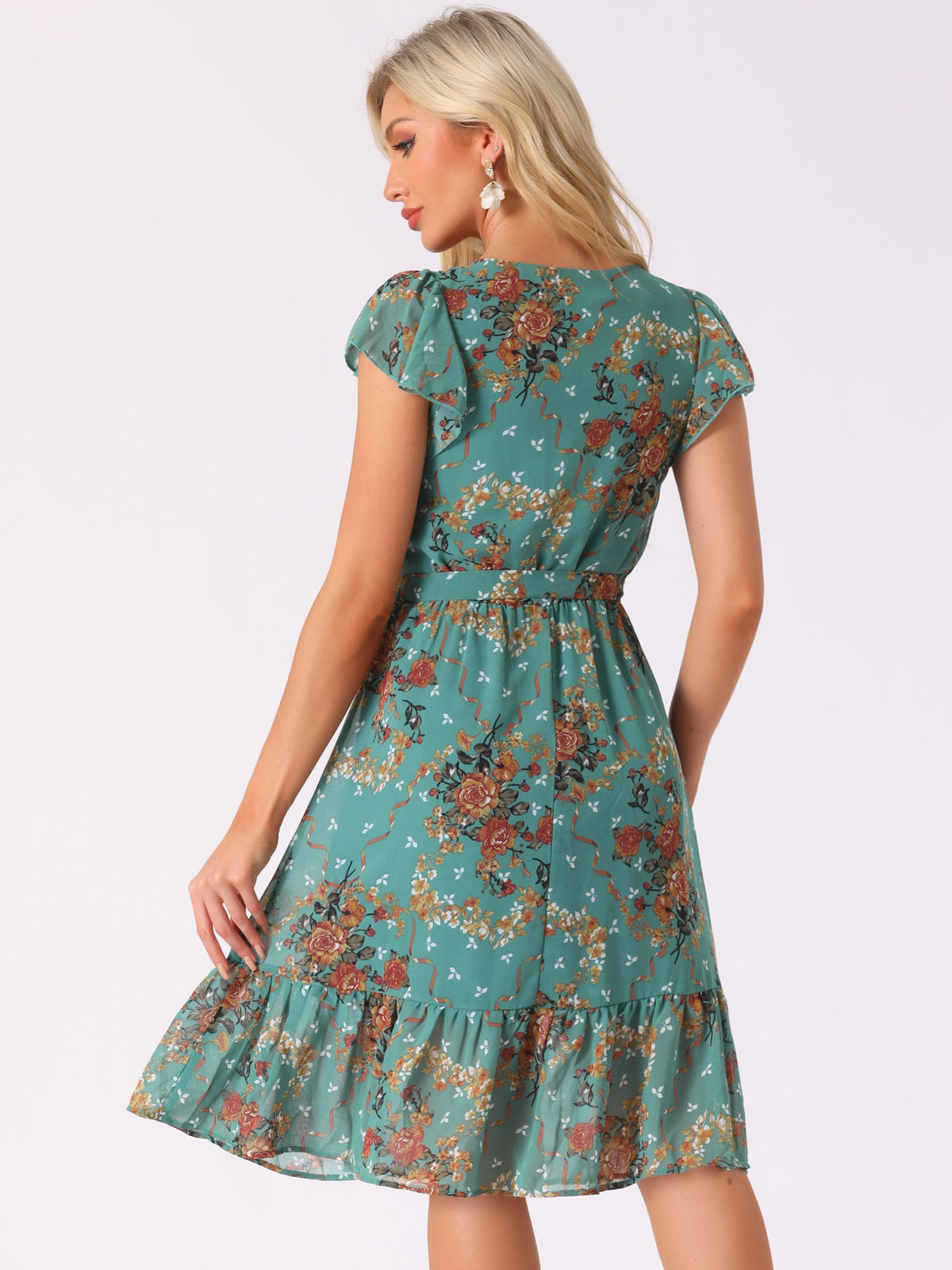 Square Neck Flutter Floral Dress