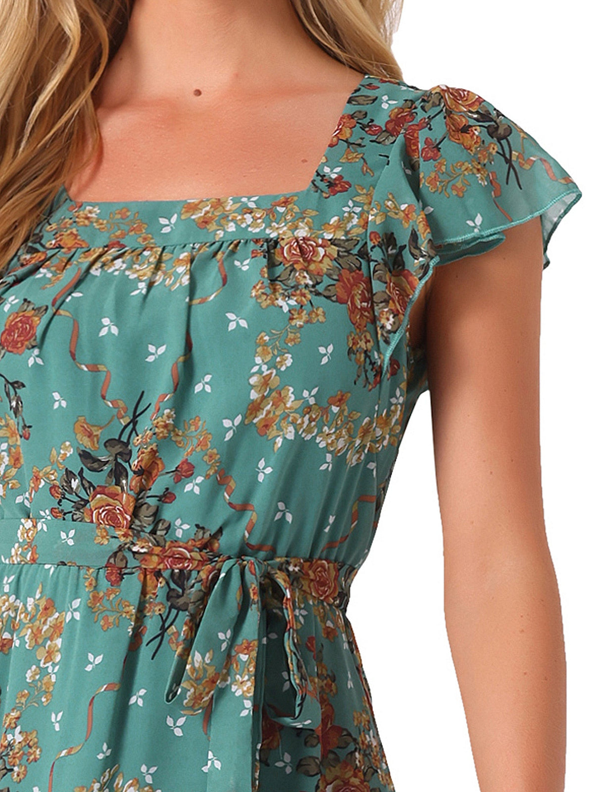 Square Neck Flutter Floral Dress