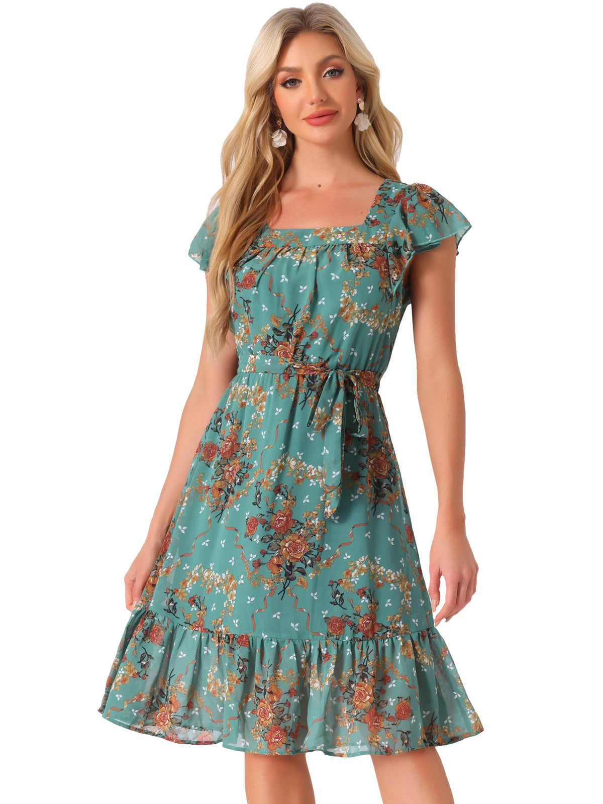 Square Neck Flutter Floral Dress