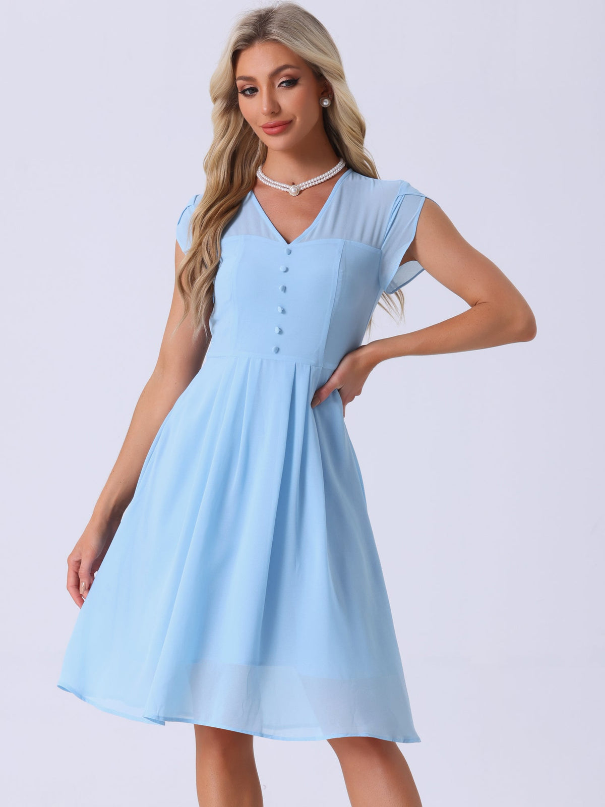 V-Neck High-Waist Chiffon Dress