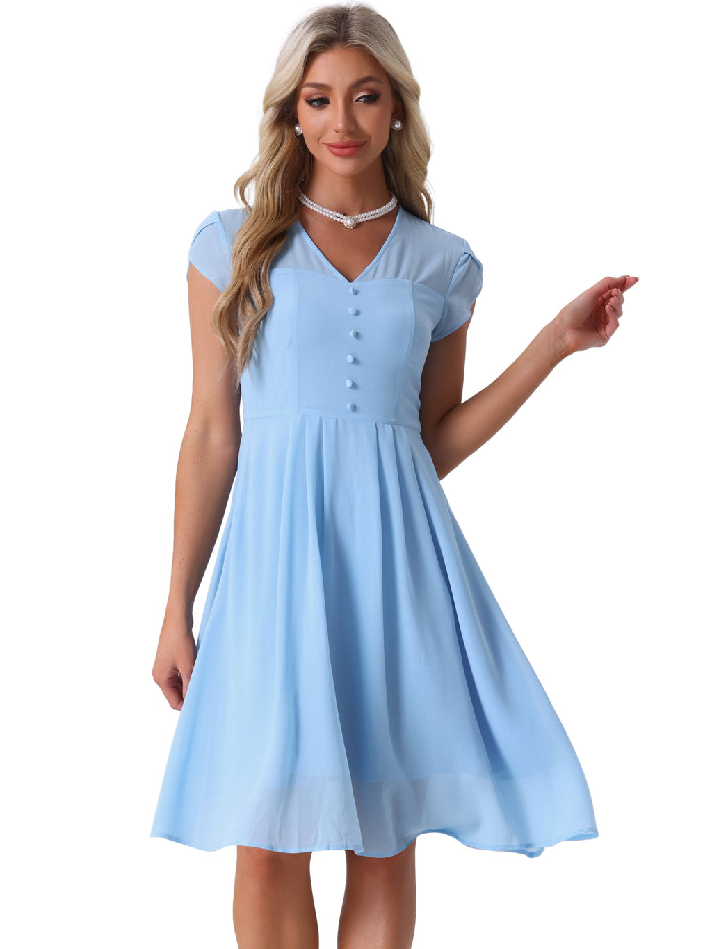 V-Neck High-Waist Chiffon Dress
