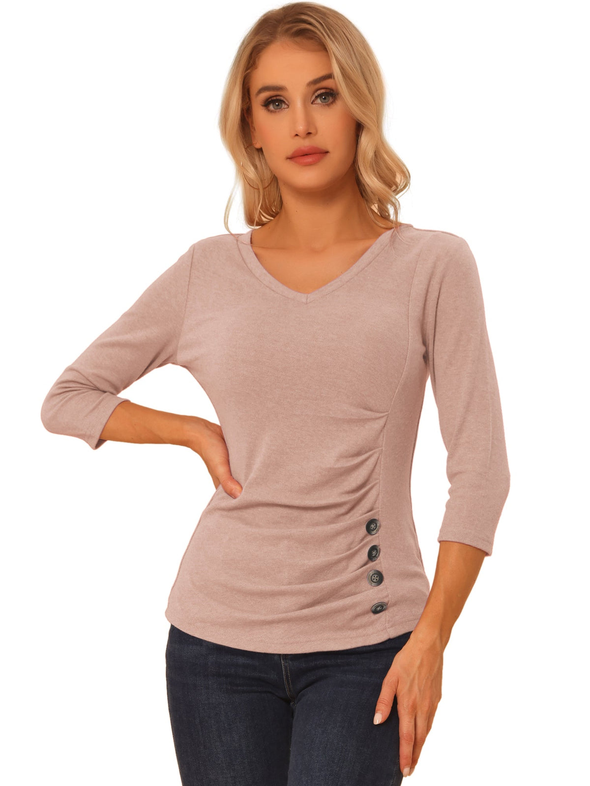 Ruched V-Neck Stretch Blouse