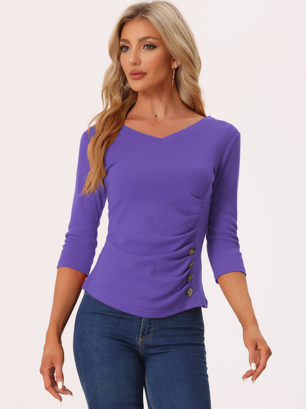 Ruched V-Neck Stretch Blouse