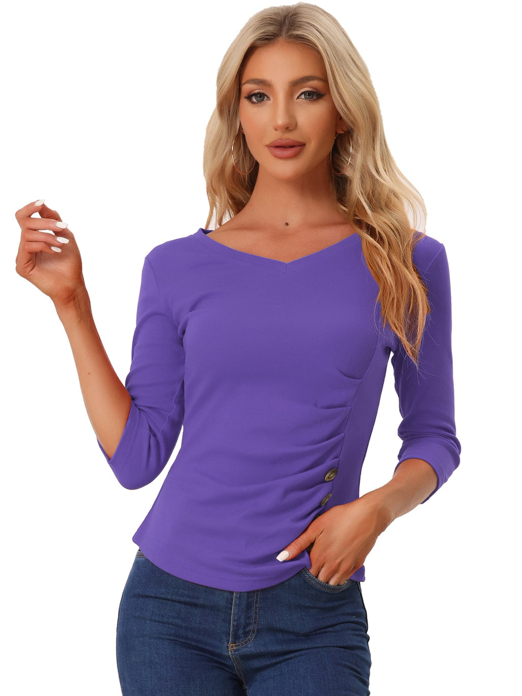 Ruched V-Neck Stretch Blouse