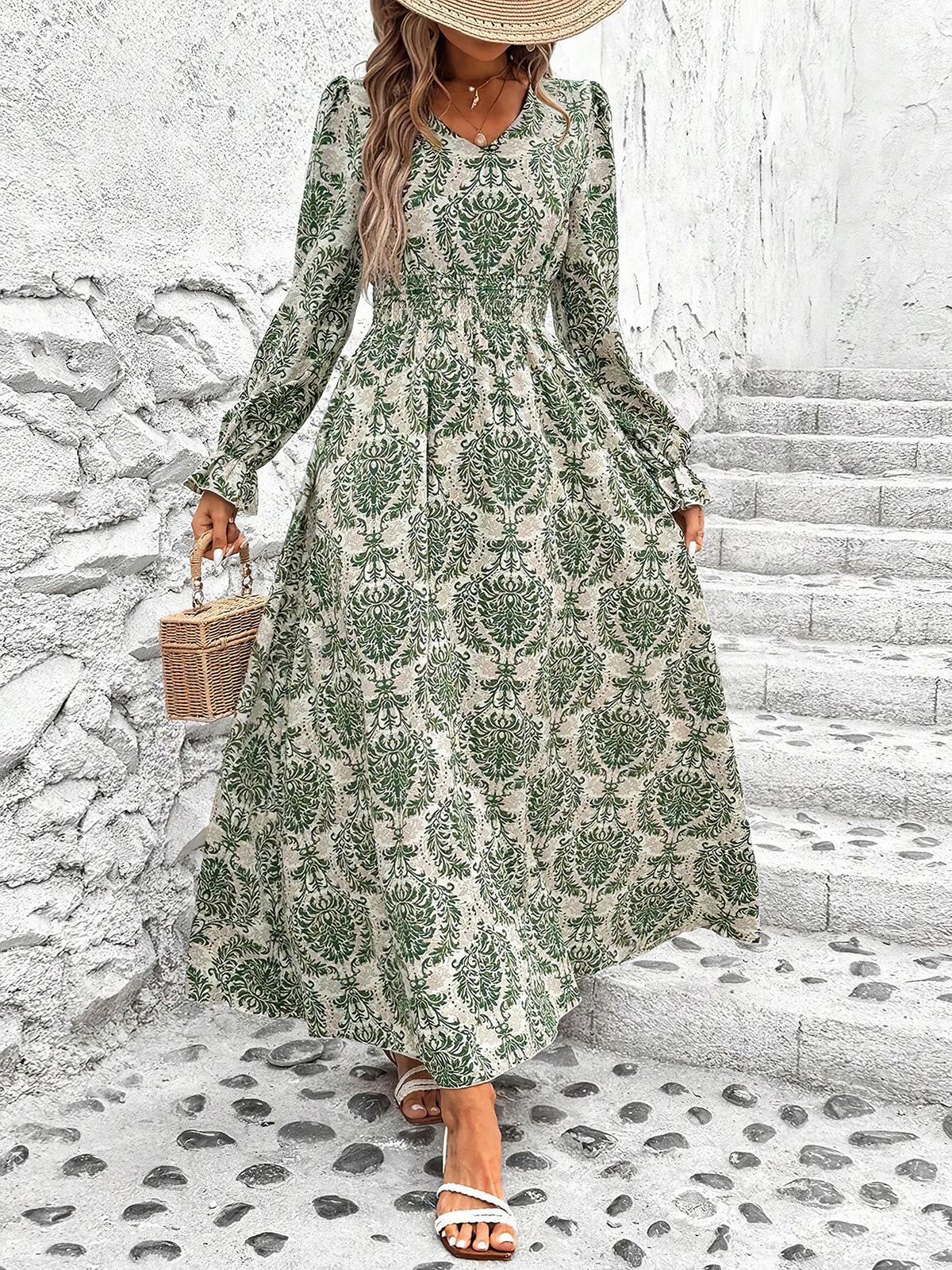 Printed Long-Sleeve Polyester Dress