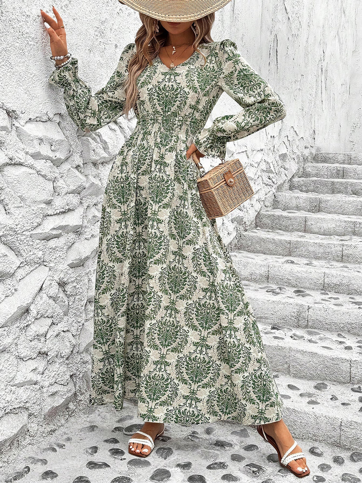 Printed Long-Sleeve Polyester Dress