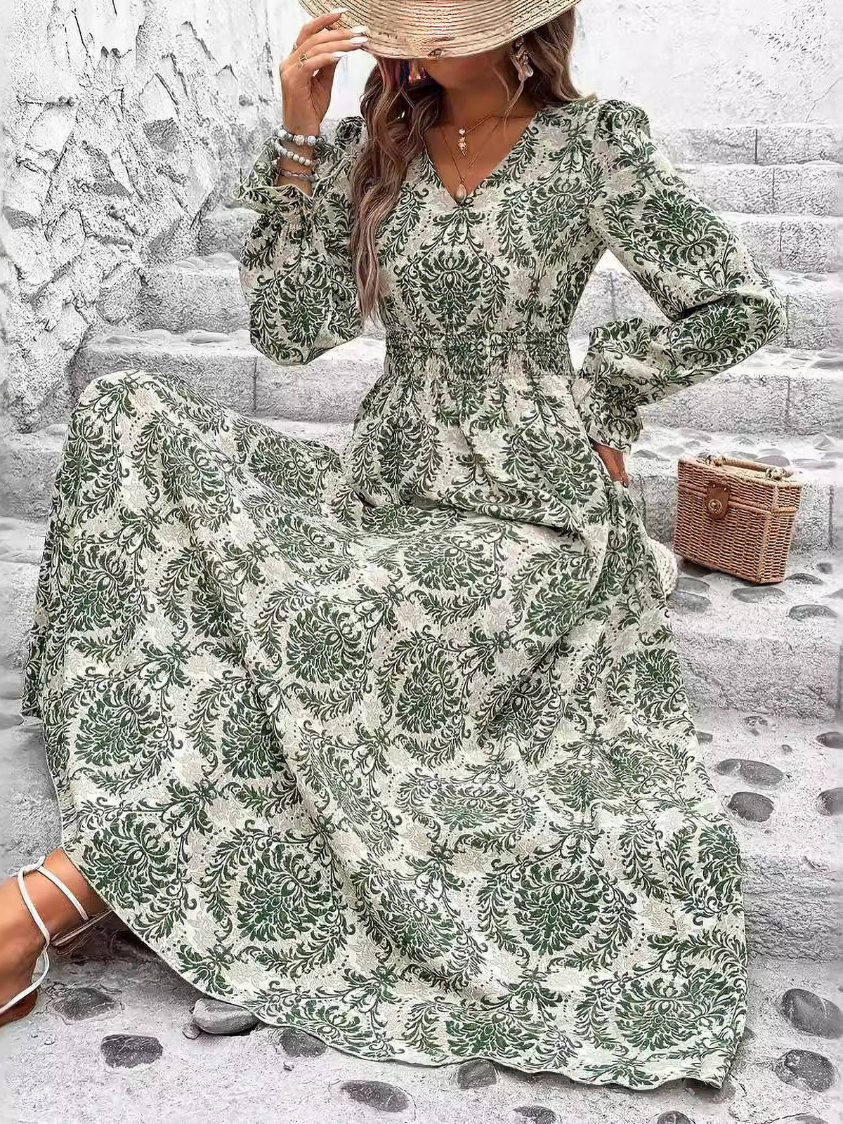 Printed Long-Sleeve Polyester Dress