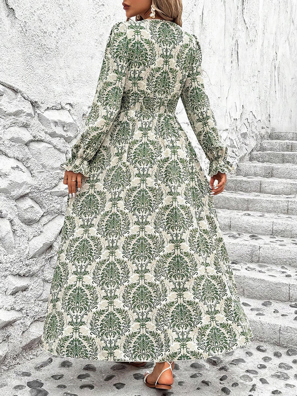 Printed Long-Sleeve Polyester Dress