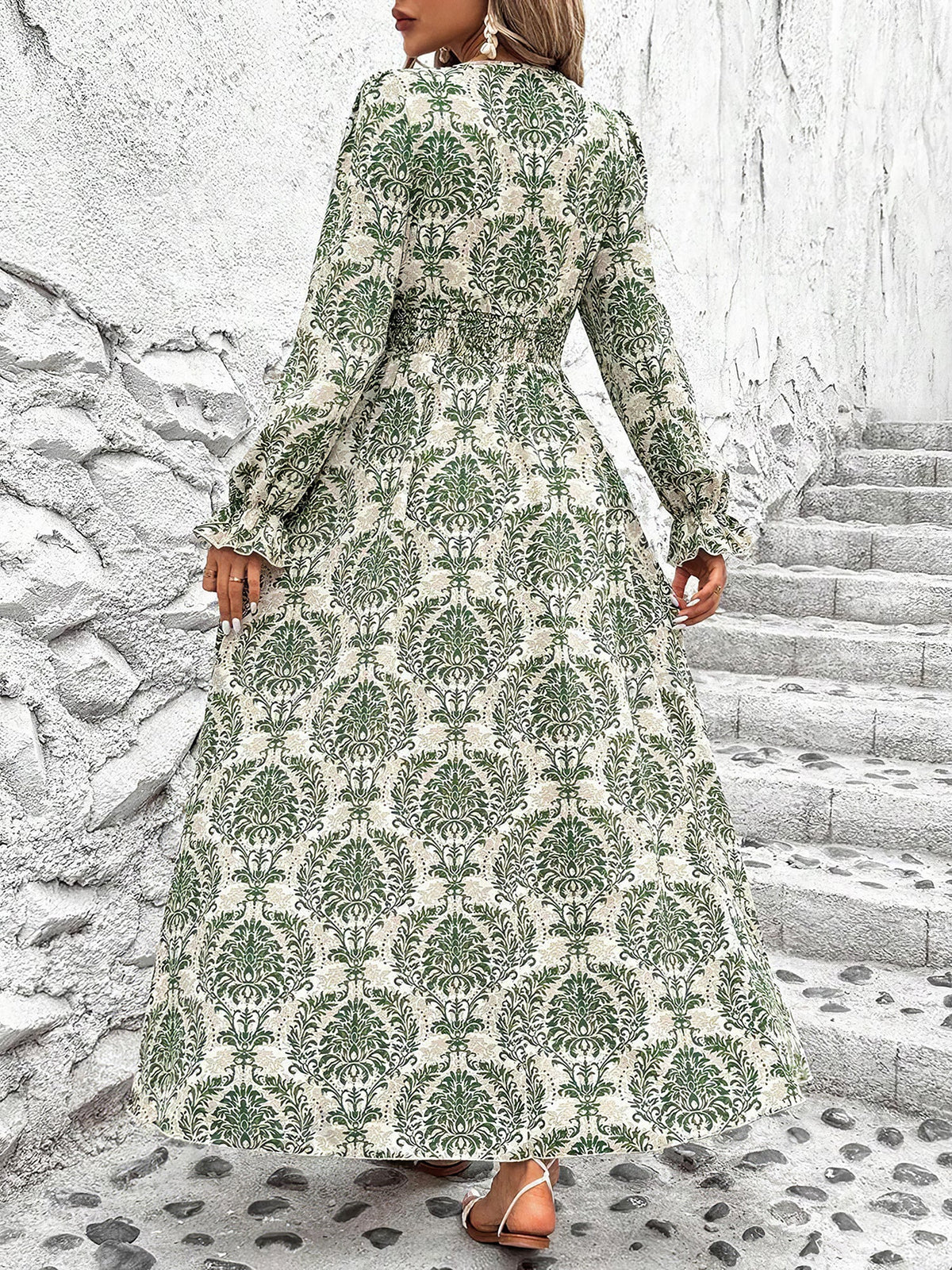 Printed Long-Sleeve Polyester Dress