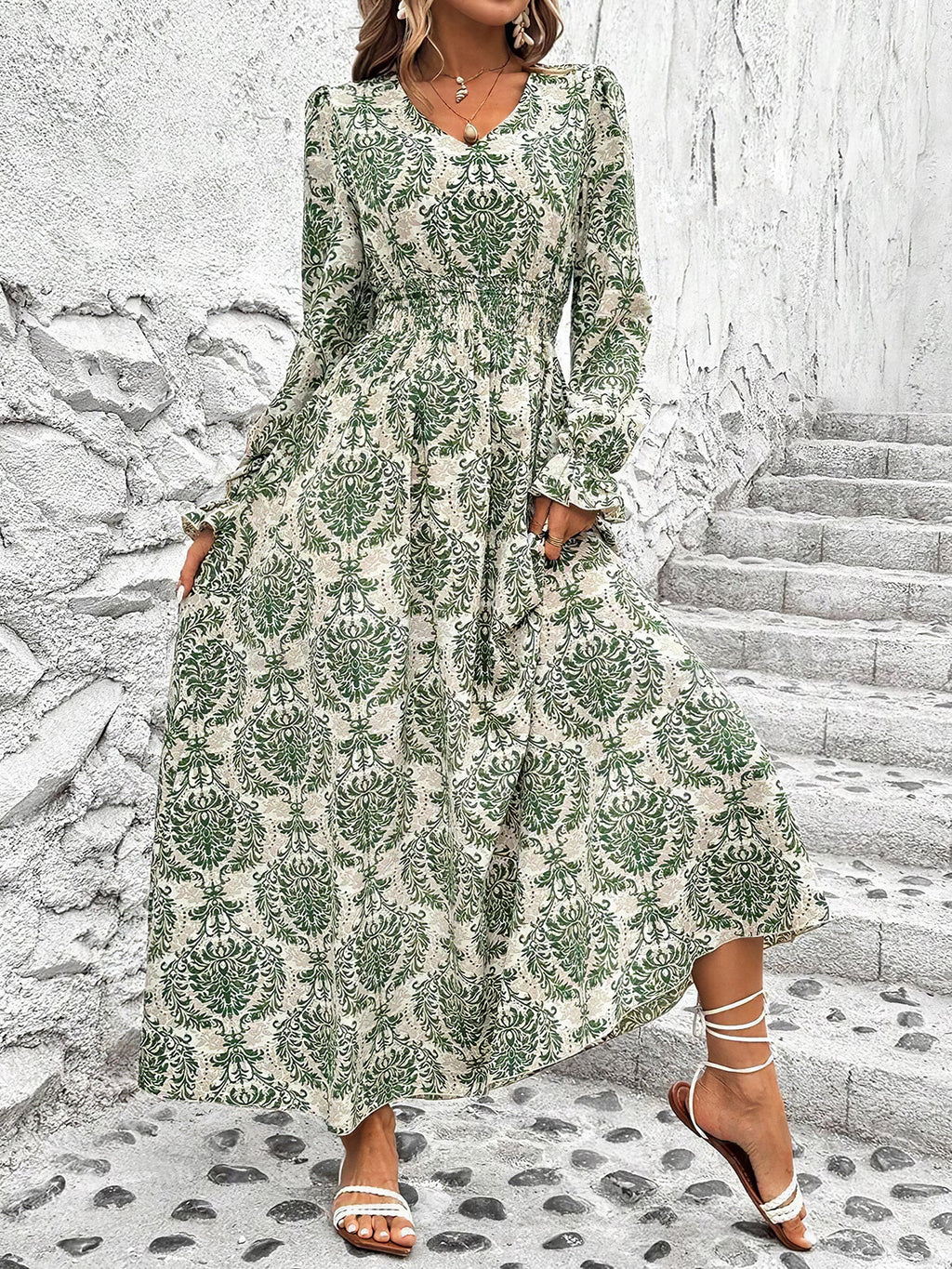 Printed Long-Sleeve Polyester Dress