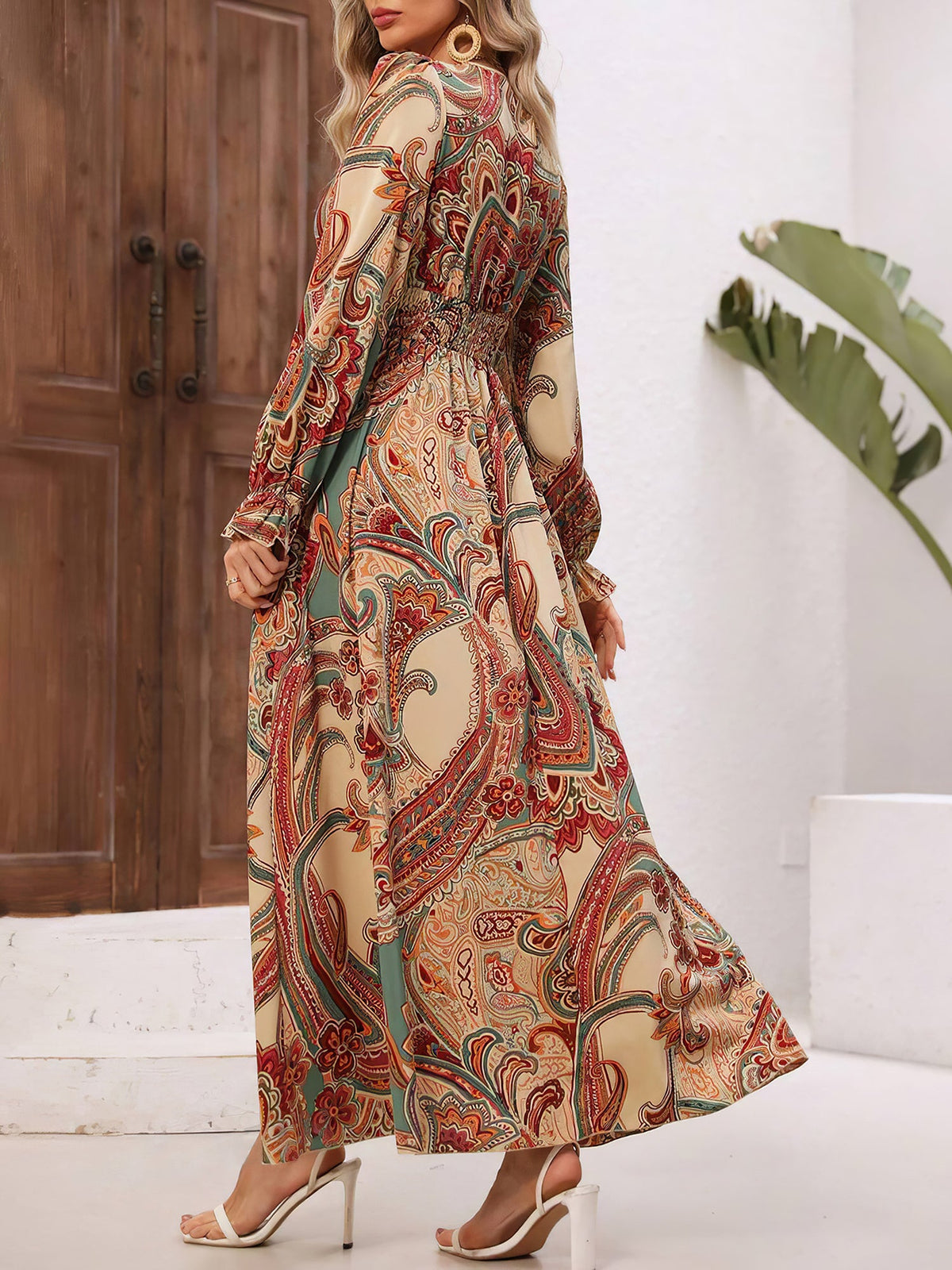 Printed Long-Sleeve Polyester Dress