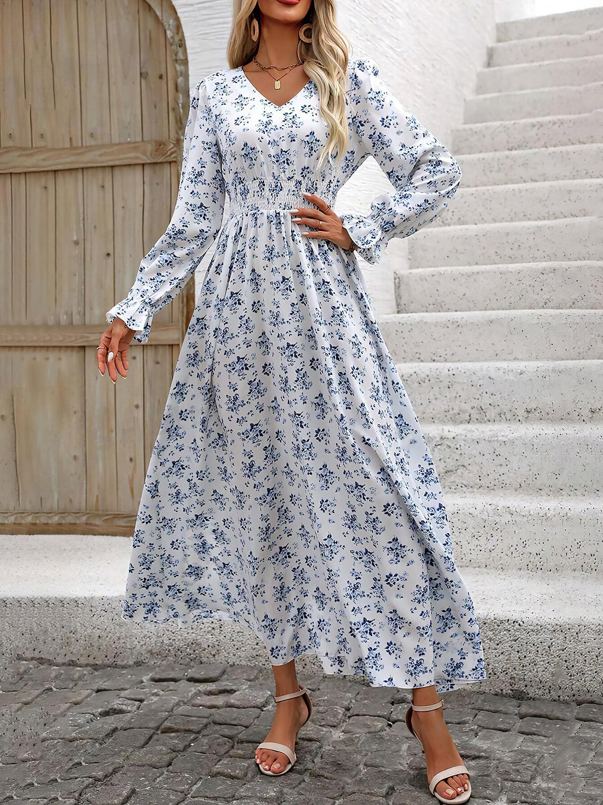 Printed Long-Sleeve Polyester Dress