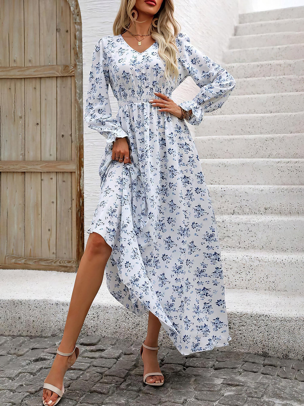 Printed Long-Sleeve Polyester Dress