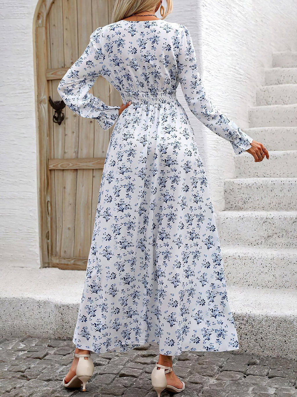 Printed Long-Sleeve Polyester Dress