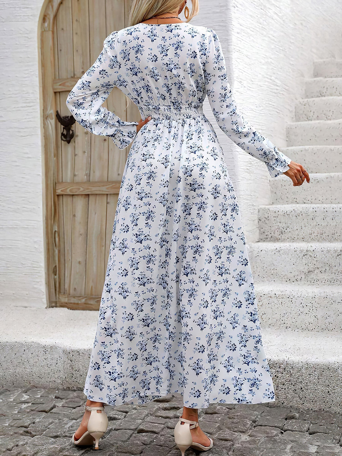 Printed Long-Sleeve Polyester Dress