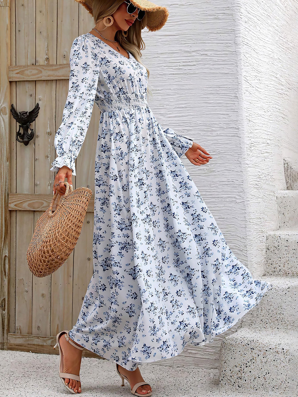 Printed Long-Sleeve Polyester Dress