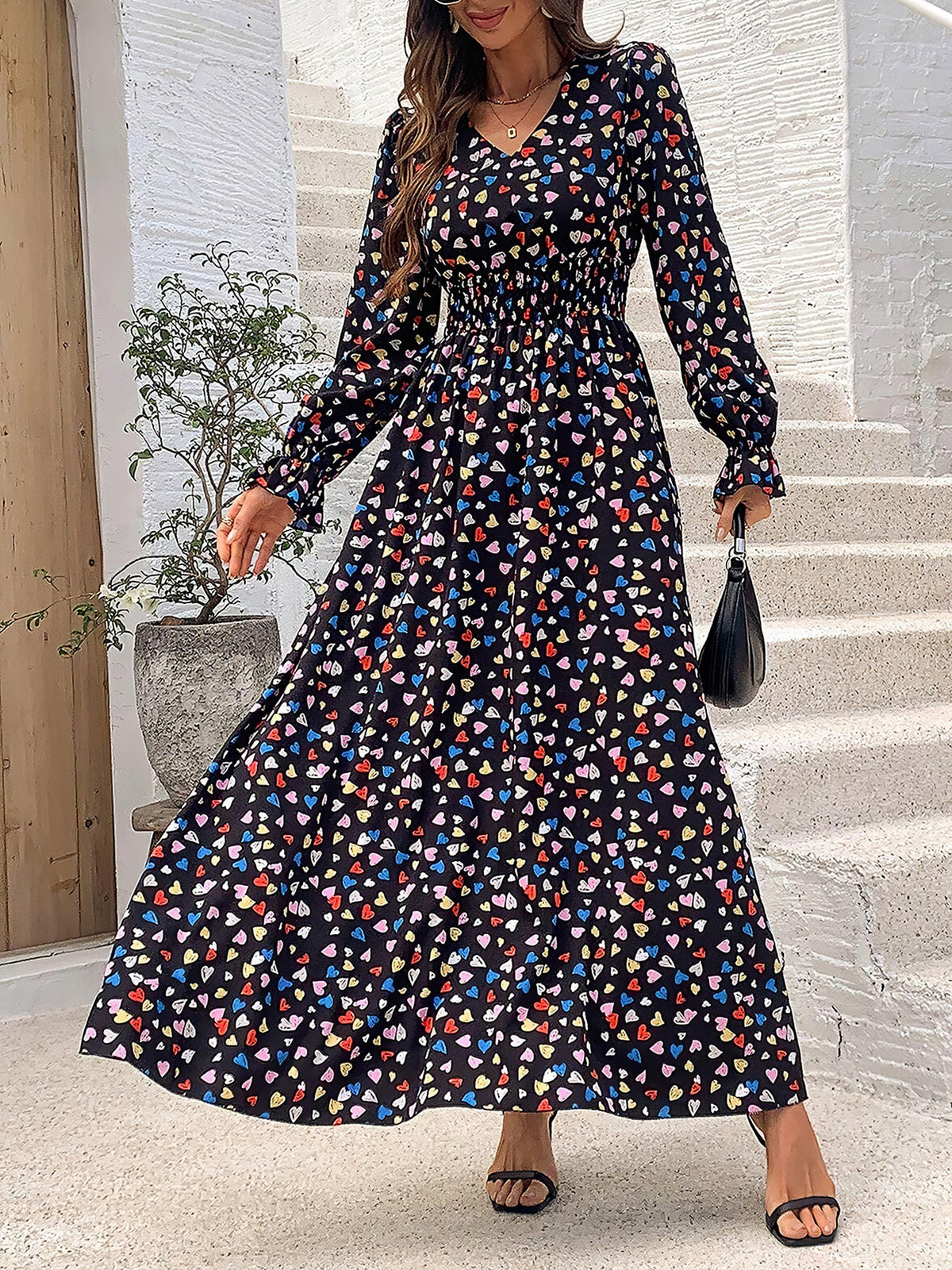 Printed Long-Sleeve Polyester Dress