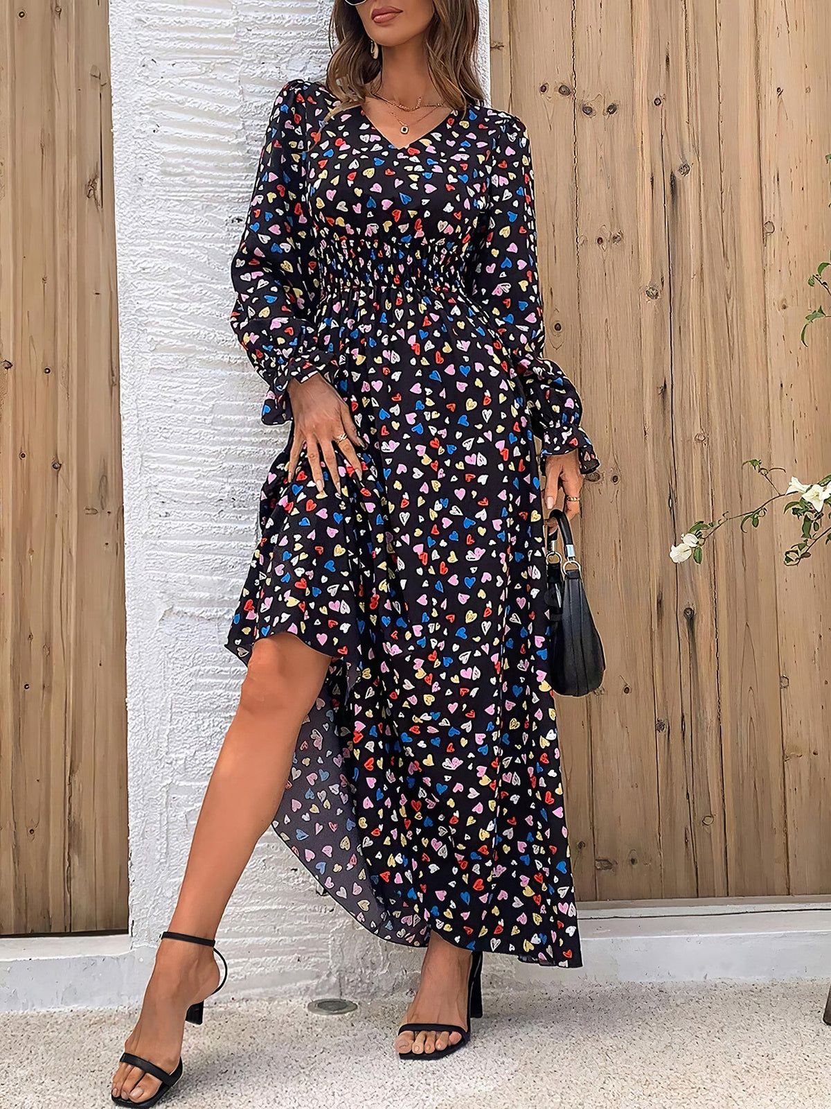 Printed Long-Sleeve Polyester Dress