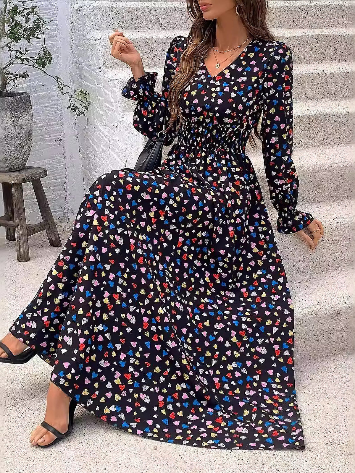 Printed Long-Sleeve Polyester Dress