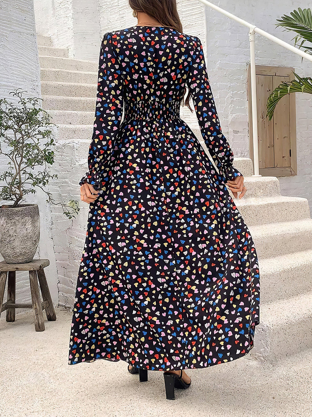 Printed Long-Sleeve Polyester Dress