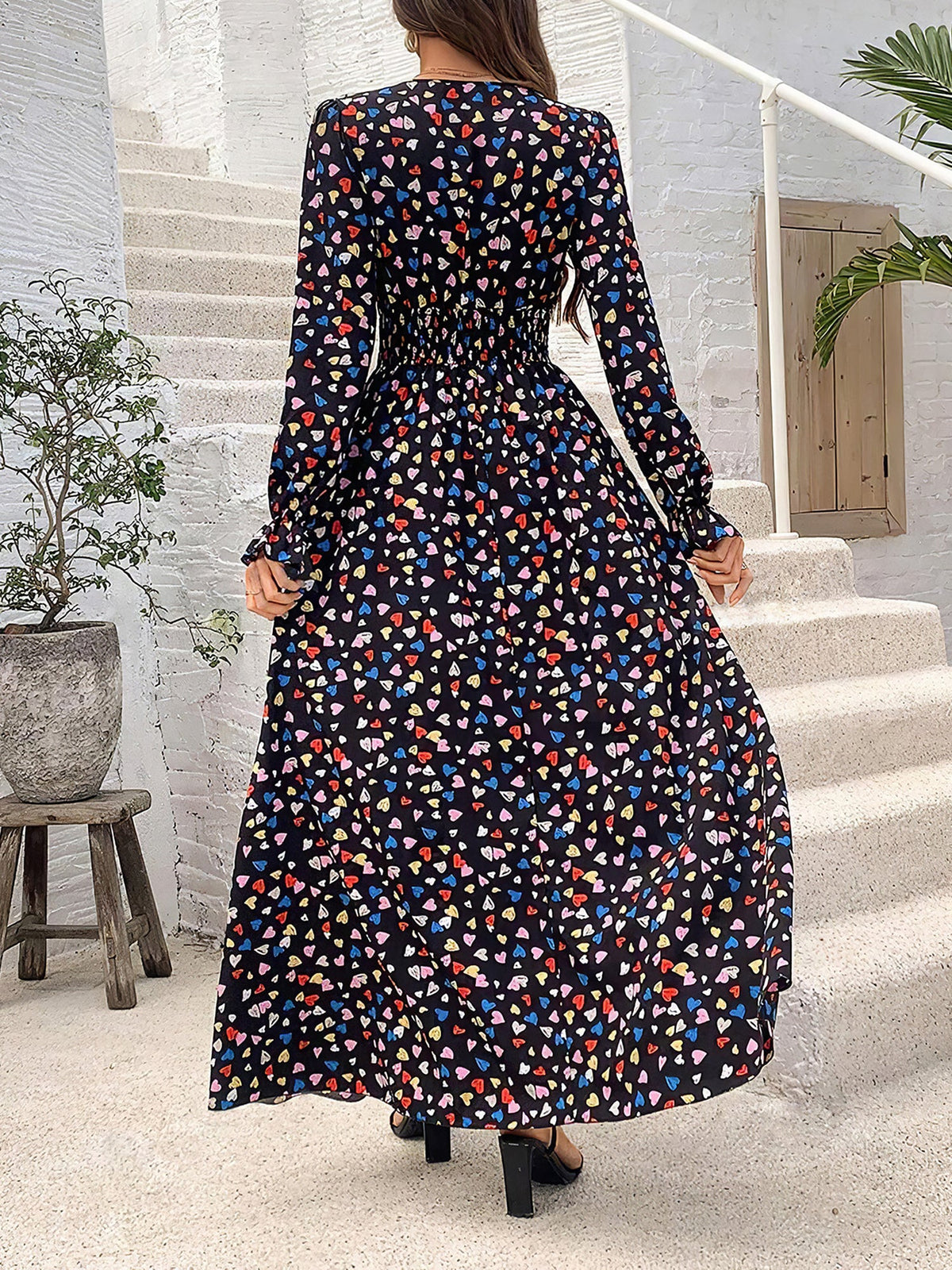 Printed Long-Sleeve Polyester Dress