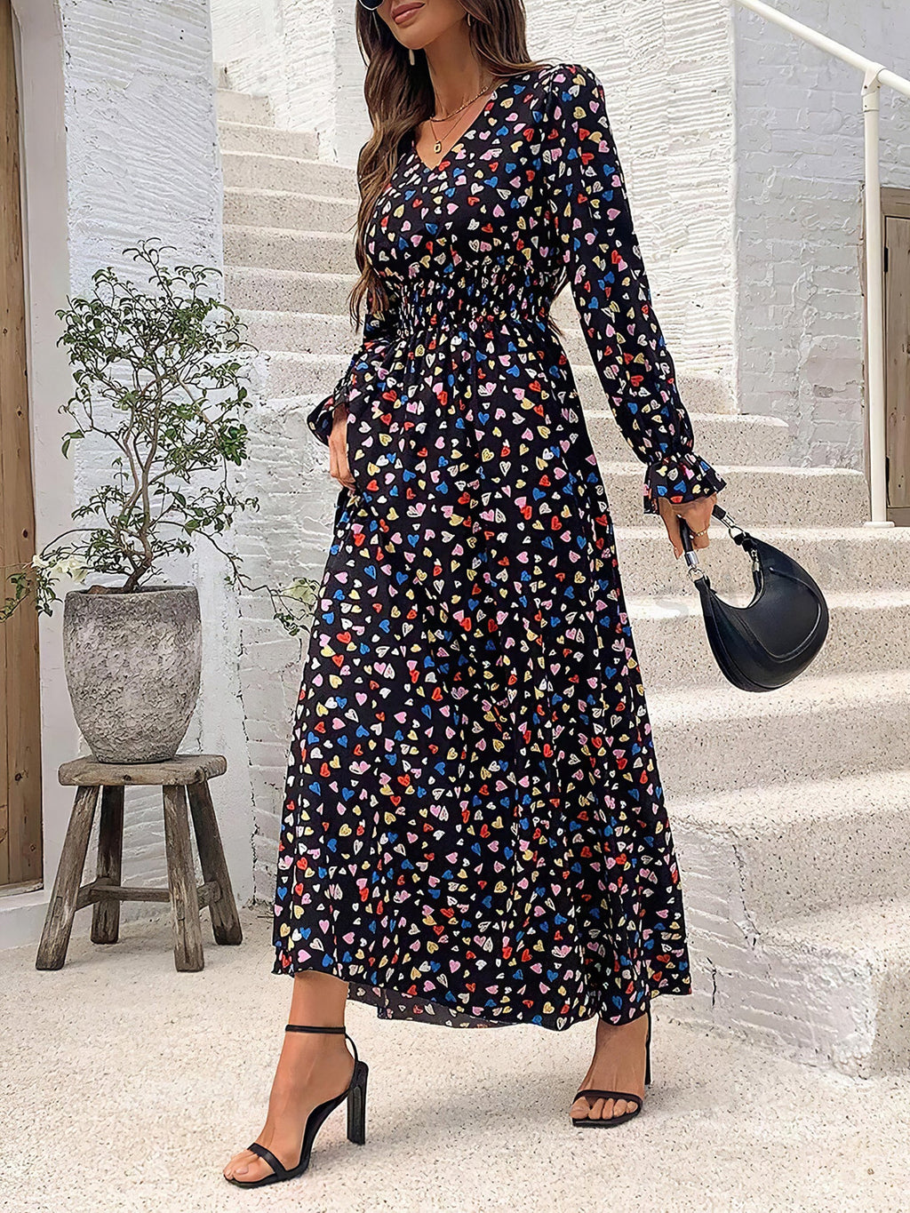 Printed Long-Sleeve Polyester Dress