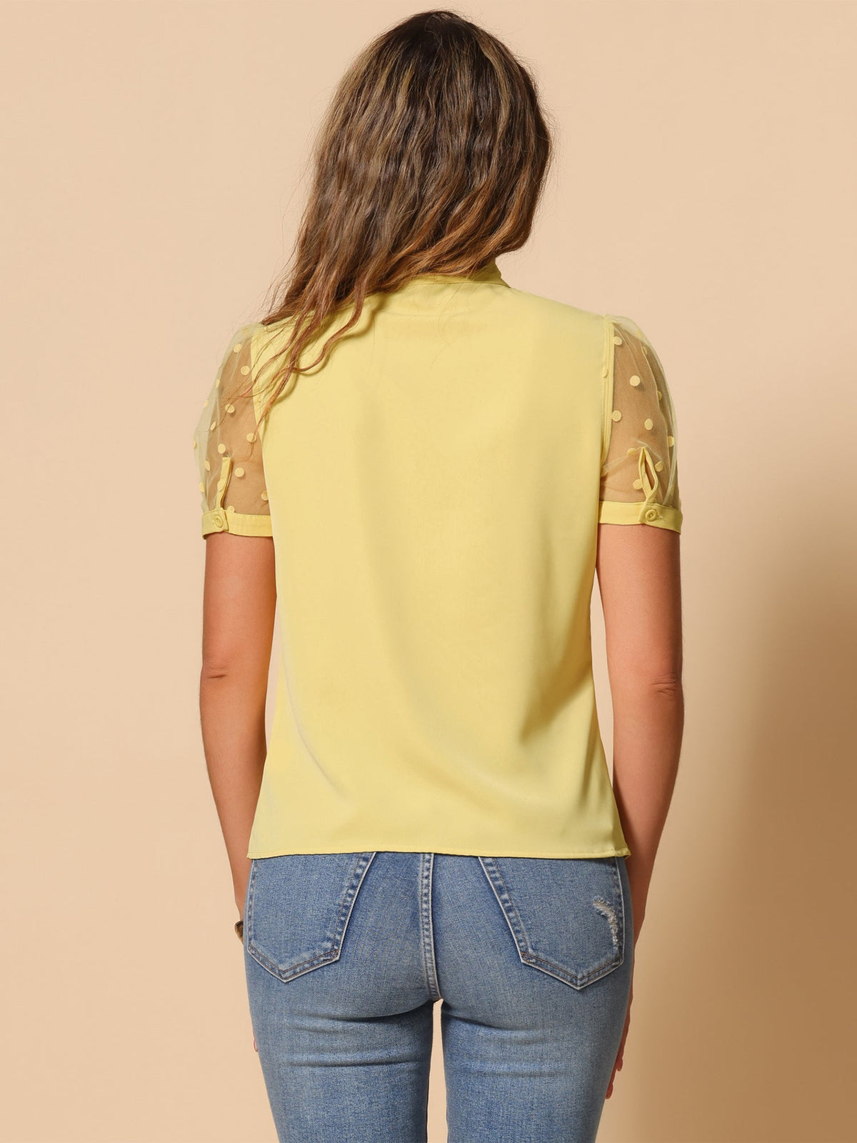 Mesh Sleeve Bow Tie Blouse
