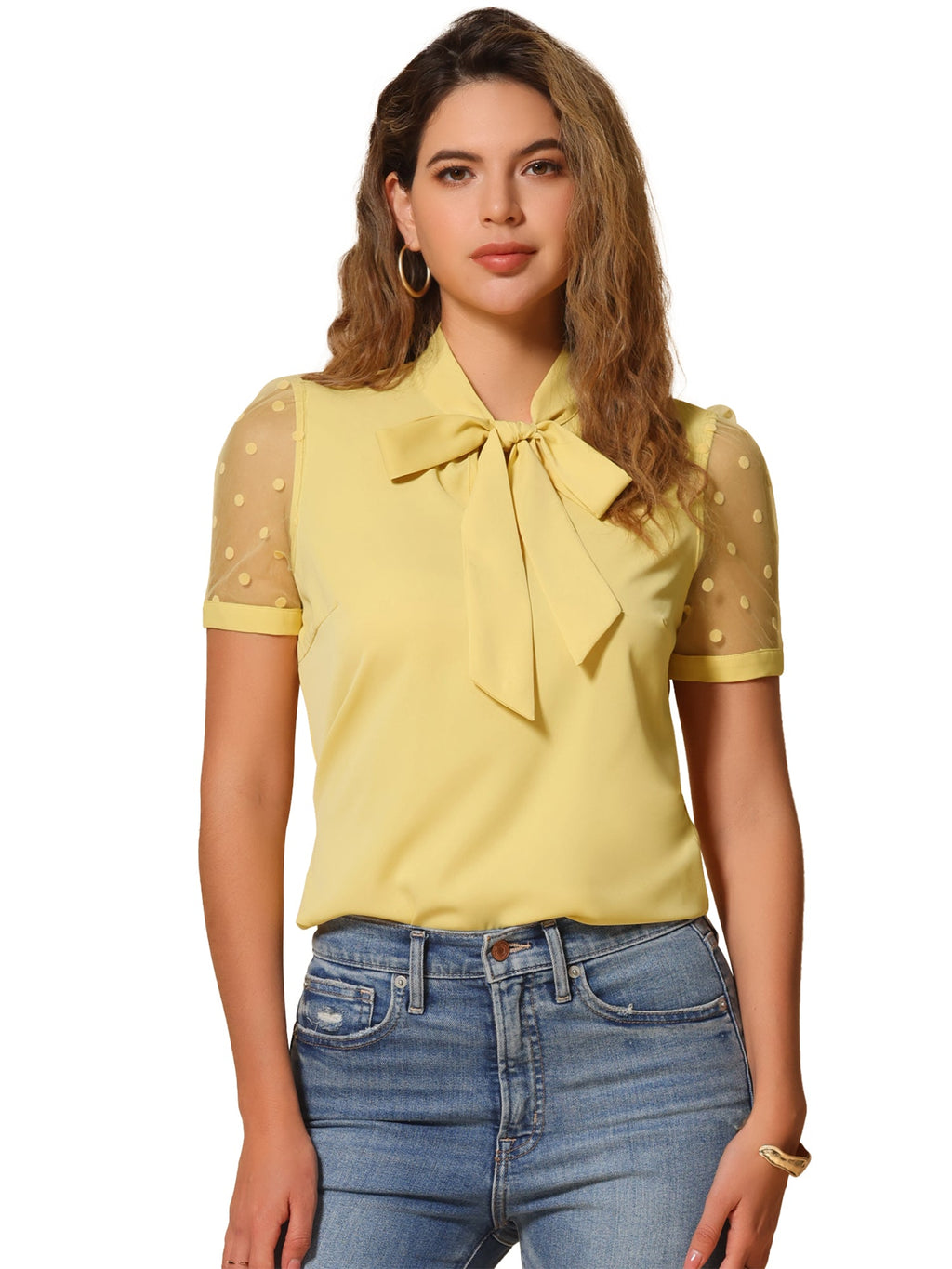 Mesh Sleeve Bow Tie Blouse