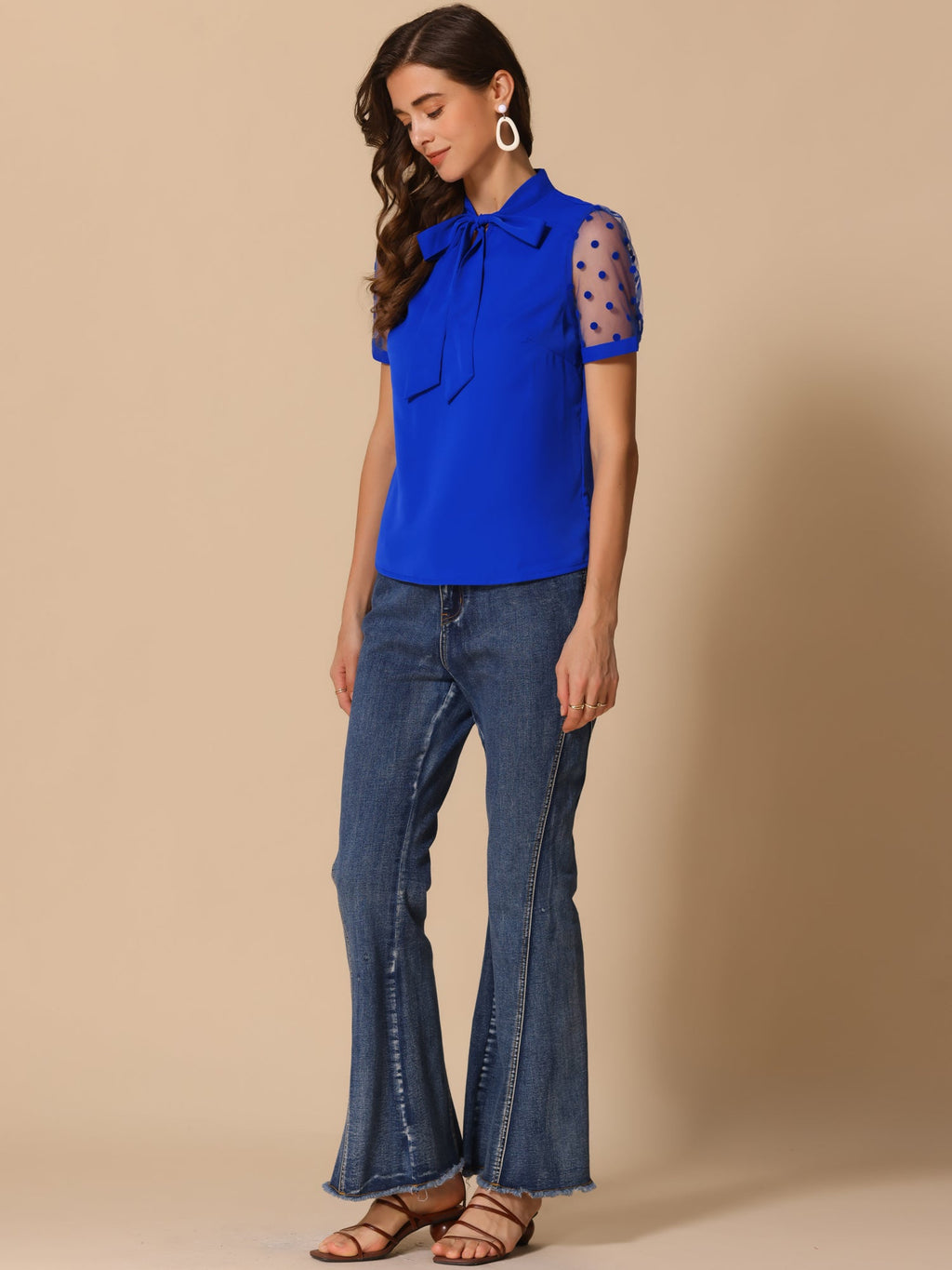 Mesh Sleeve Bow Tie Blouse