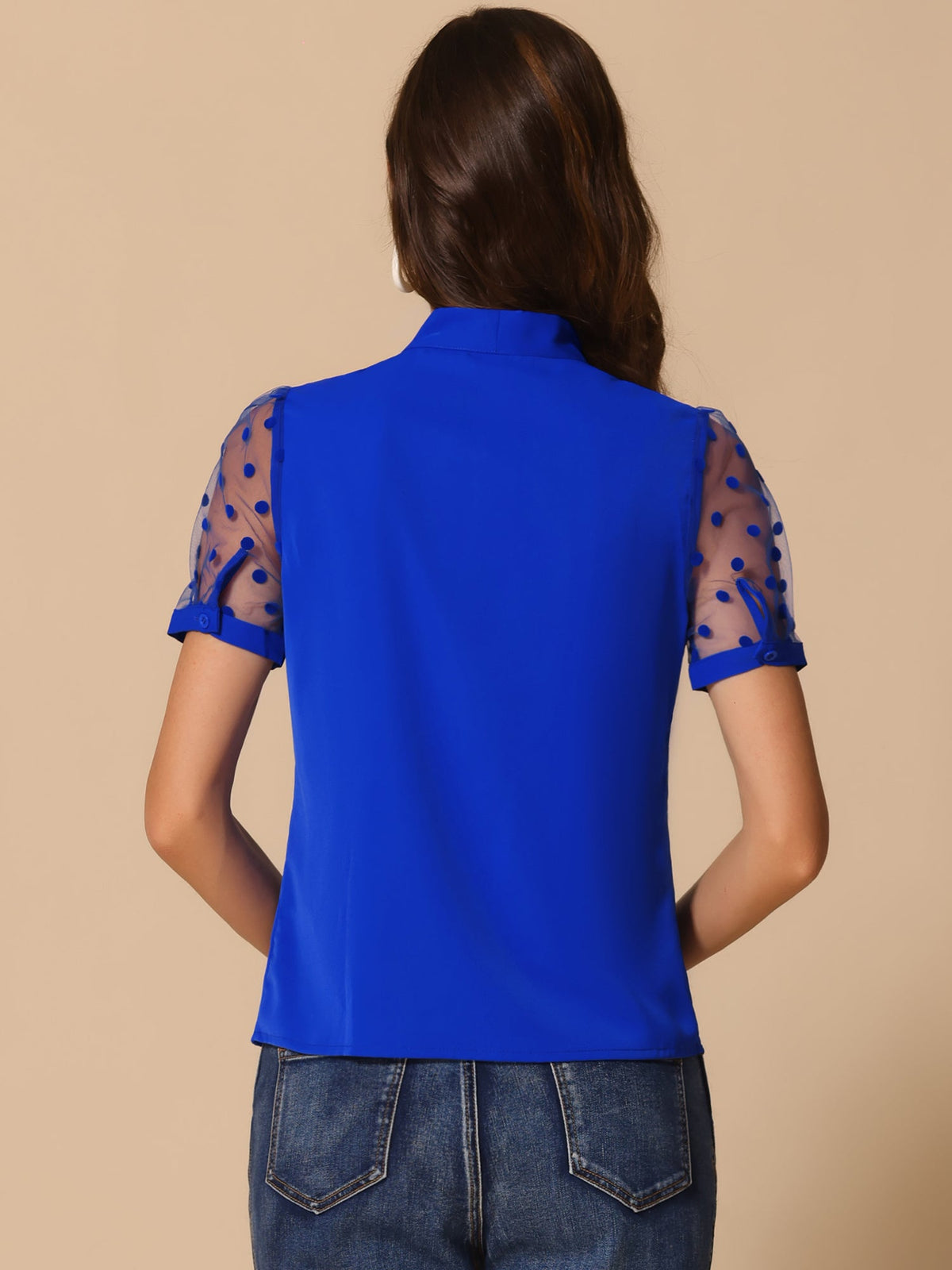 Mesh Sleeve Bow Tie Blouse