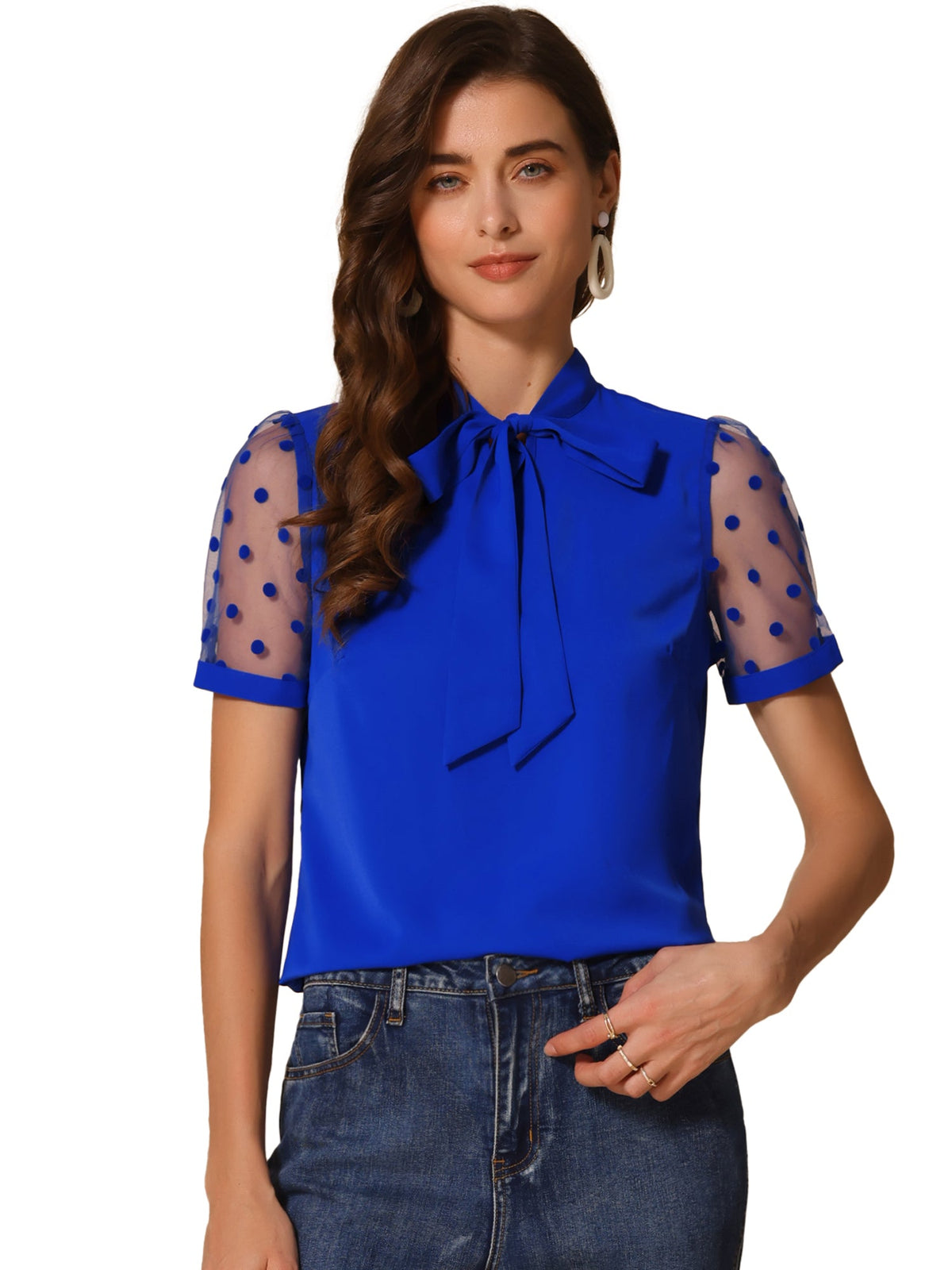 Mesh Sleeve Bow Tie Blouse